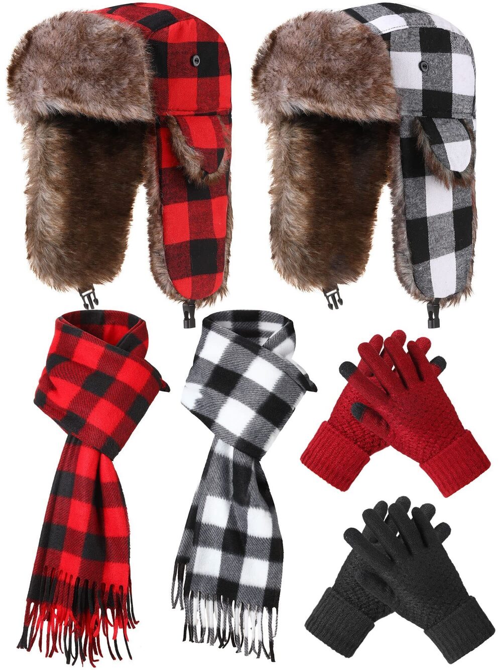 6322 6 Pcs Christmas Winter Warm Knitted Set Buffalo Plaid Hats Scarf Touch